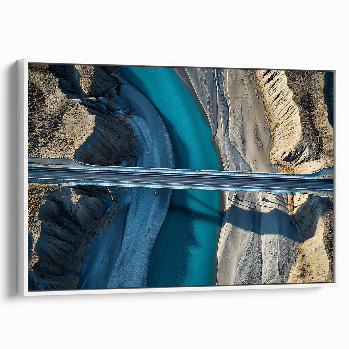 Framed canvas art showcasing a serene landscape bridge scene, featuring lush greenery and a clear blue sky, ideal for home decor or office spaces.