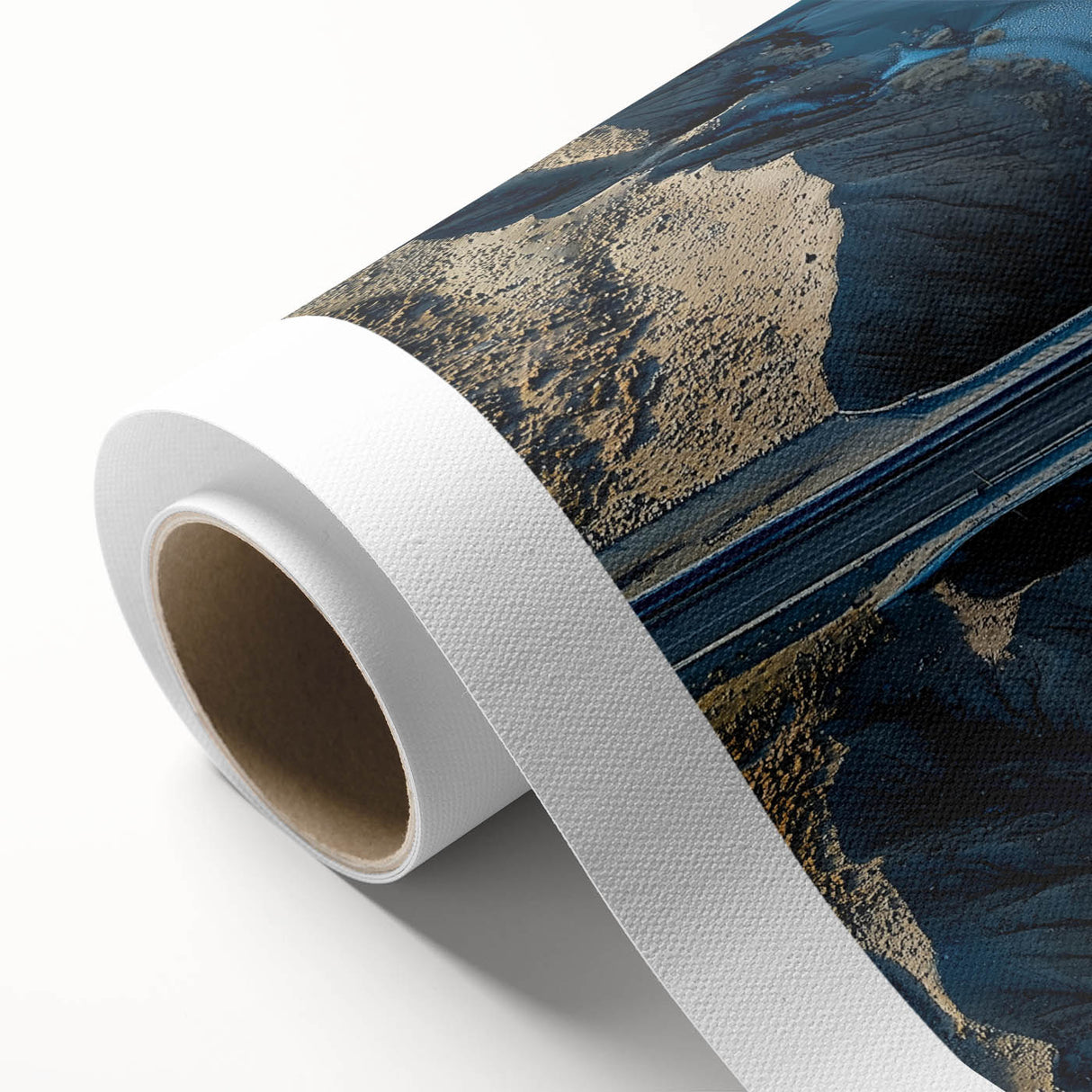 Landscape bridge artwork on rolled canvas, showcasing vibrant colors and intricate details, packaged in a durable tube for safe transport and display.