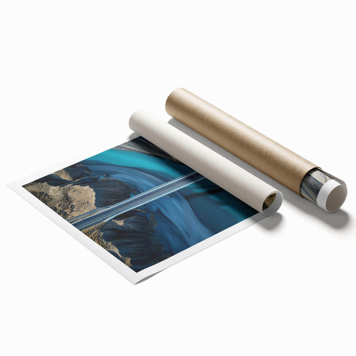 Rolled print of a serene landscape bridge scene showcasing vibrant colors and intricate details, elegantly packaged in a protective cardboard tube for easy display.