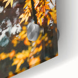 Large abstract wall art in autumnal shades on acrylic glass, perfect for dining room ambiance.