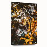 Large abstract wall art in warm autumn hues on acrylic glass, suitable for bedroom or dining room decor.