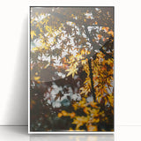 Art deco poster of autumn trees in muted orange and brown tones, framed acrylic, ideal for nursery wall decor.