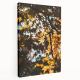 Large abstract depiction of fall with warm orange and brown tones on stretched canvas, suitable for kitchen wall art.