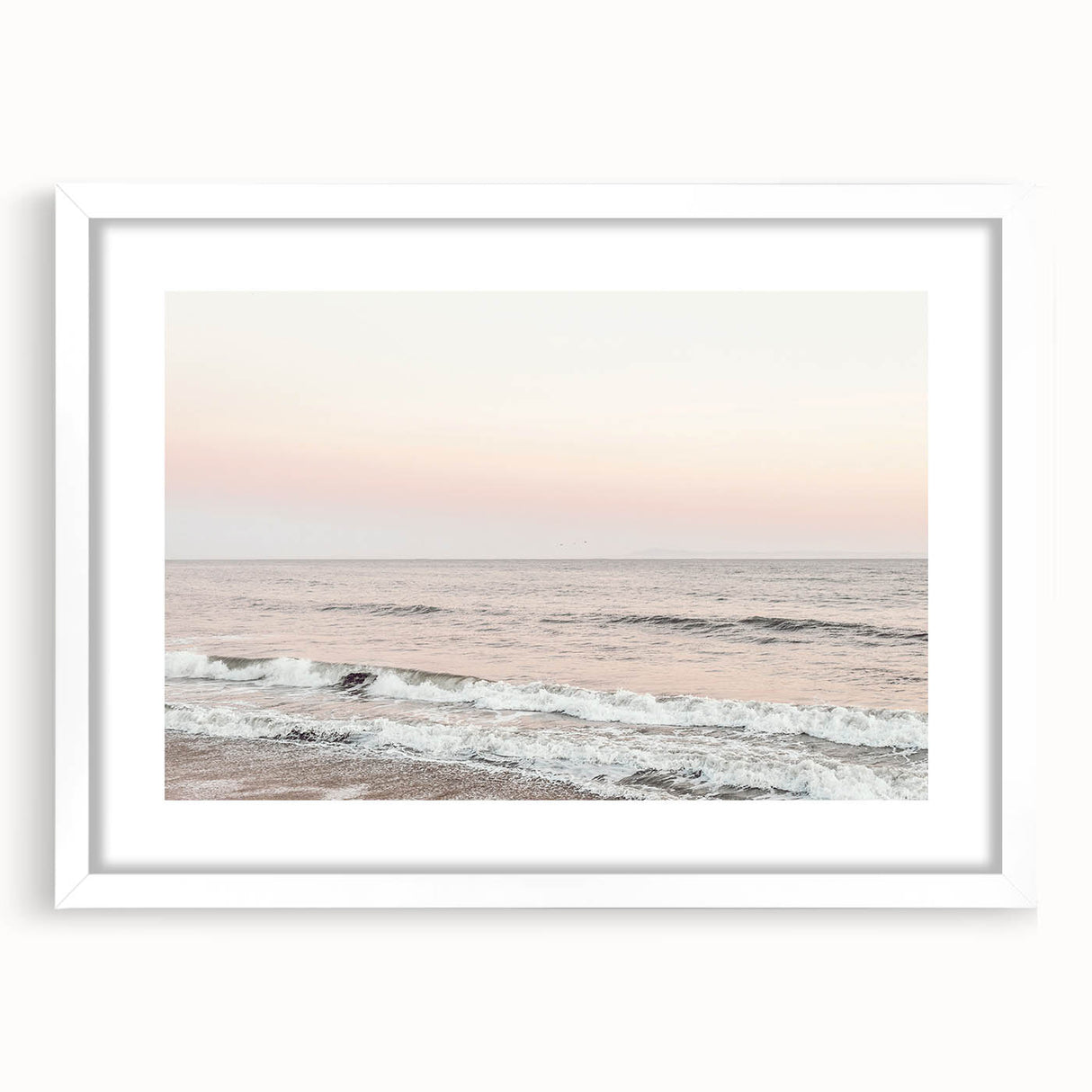 Abstract art print featuring swirling blue and green patterns on a white framed canvas.