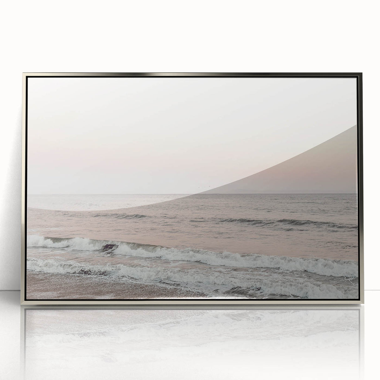 Mid-century modernist art depicting summer season in pastel shades on a silver-framed acrylic print.