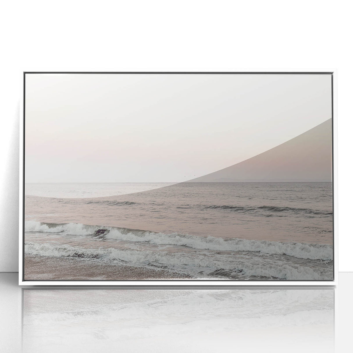 Art deco poster featuring a summer scene in pastel shades, framed in white acrylic, suitable for nursery wall art.