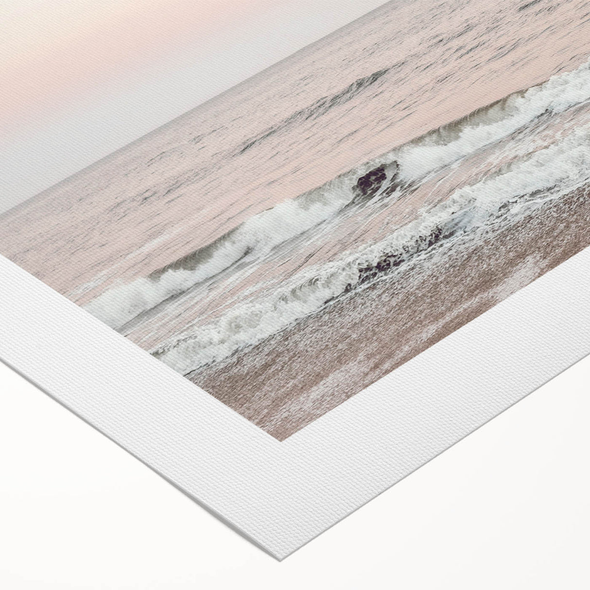 Art deco poster featuring a summer beach scene in muted blue and beige tones on rolled canvas.