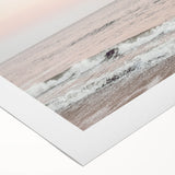 Art deco poster featuring a summer beach scene in muted blue and beige tones on rolled canvas.