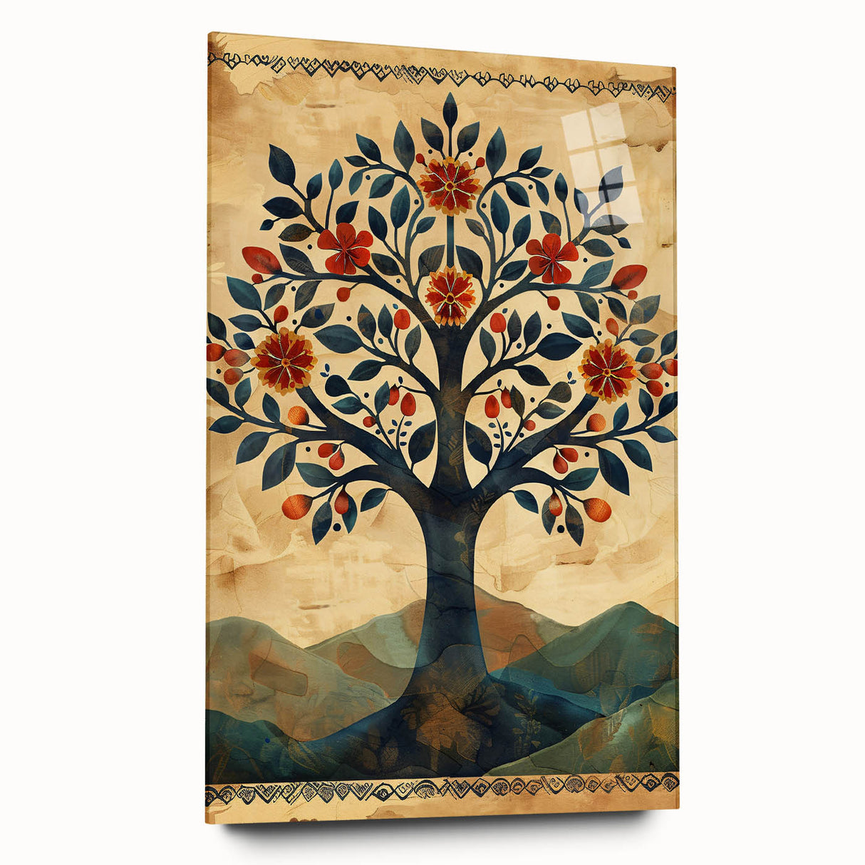 Abstract floral wall art displayed in a sleek acrylic glass frame, showcasing vibrant colors and intricate designs, perfect for modern home decor. The side view highlights the depth and elegance of the artwork, emphasizing its contemporary aesthetic.