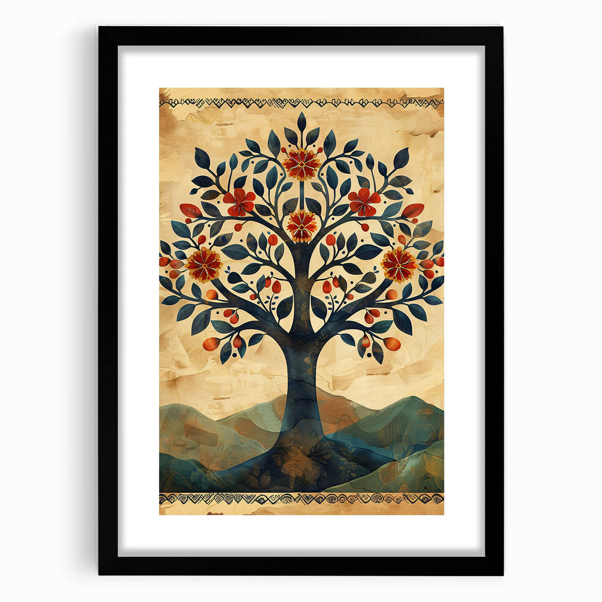 Abstract floral wall art framed in black with a white mat, showcasing vibrant colors and intricate patterns, ideal for modern home decor.