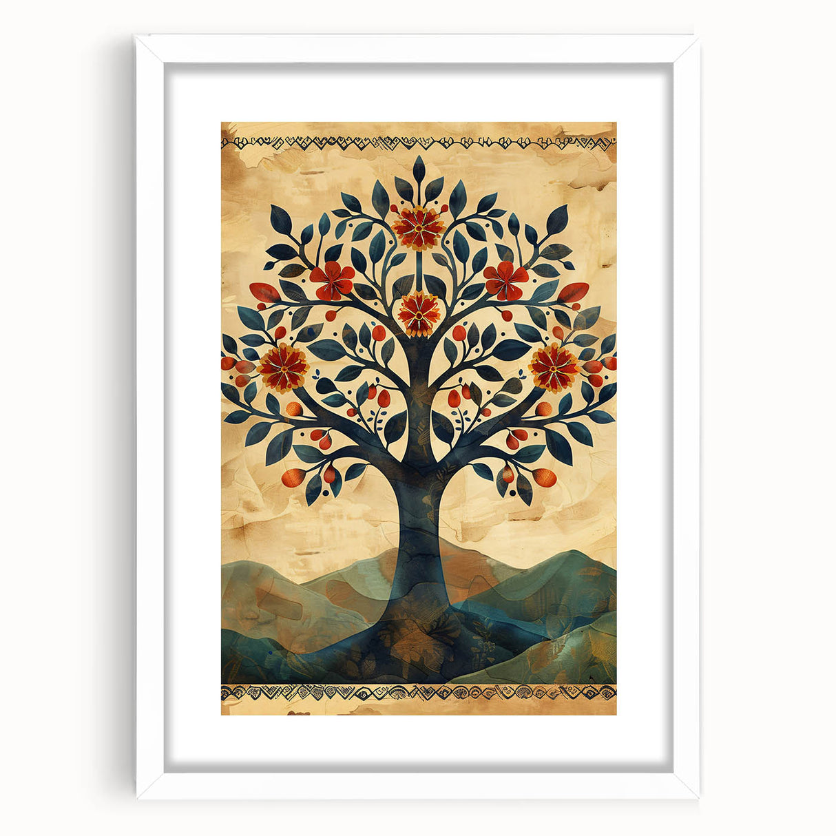 Abstract floral wall art framed in white with a mat, showcasing vibrant colors and intricate designs, perfect for brightening up home decor or office spaces.