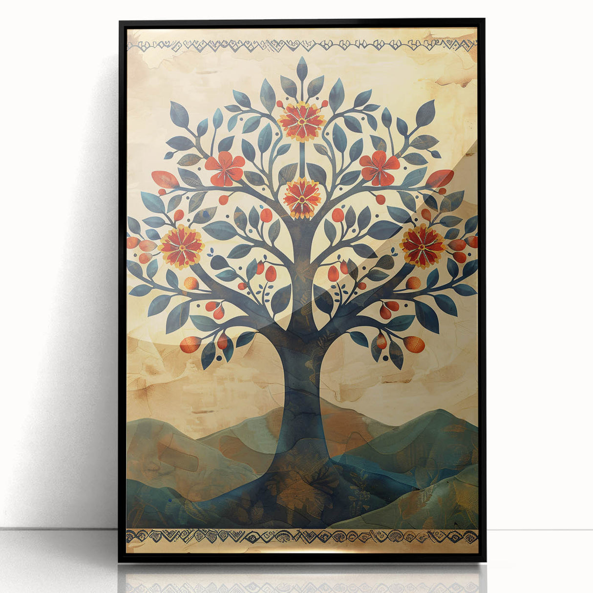 Framed black acrylic wall art featuring abstract floral design with vibrant colors and intricate patterns, ideal for modern home decor. Perfect for enhancing living spaces with a touch of elegance.
