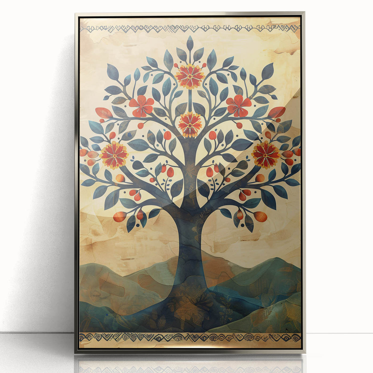 Framed acrylic wall art showcasing abstract floral designs in vibrant colors, featuring a sleek silver frame, perfect for modern home decor.