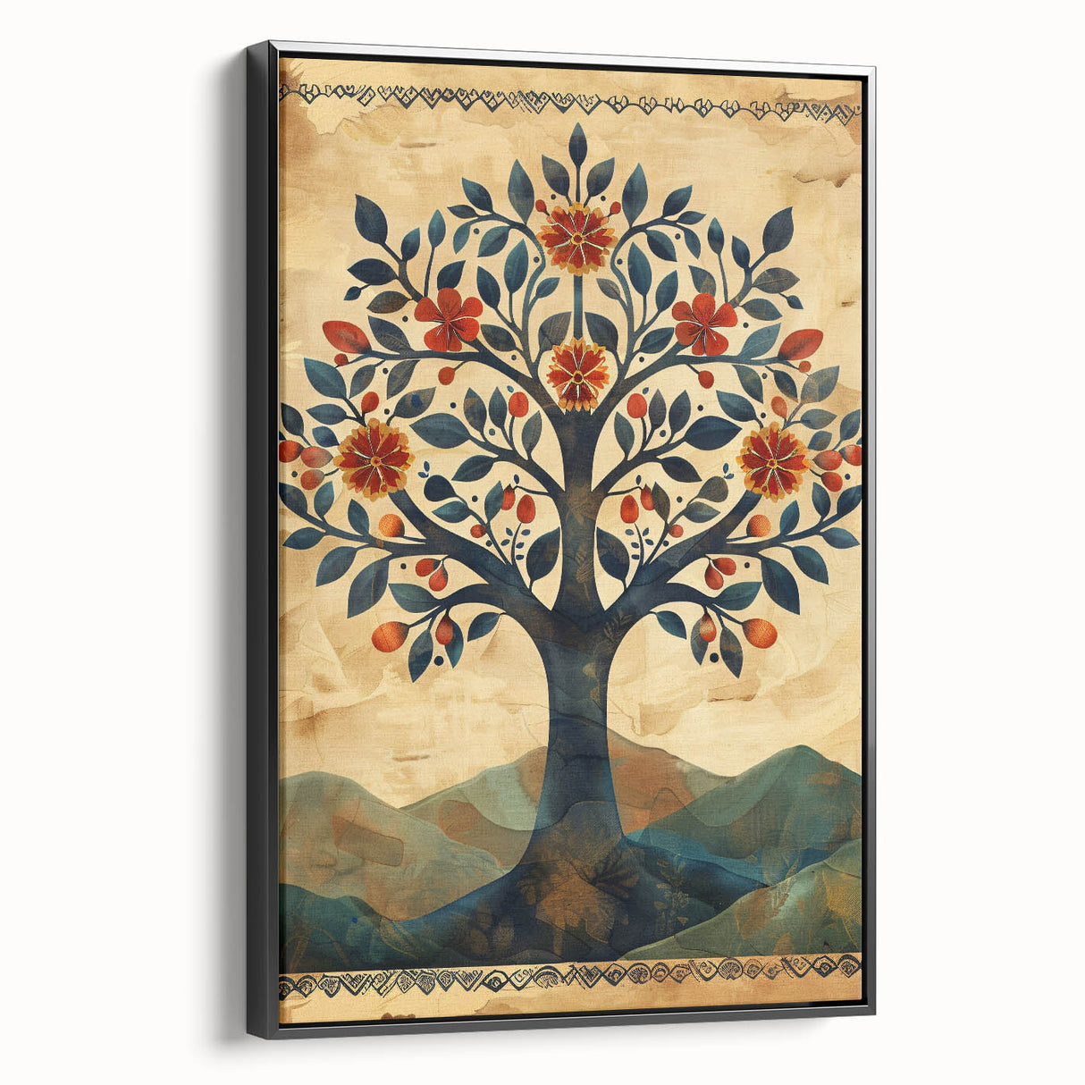 Framed canvas wall art featuring an abstract floral design in vibrant colors, displayed from a black side view, perfect for modern home decor.