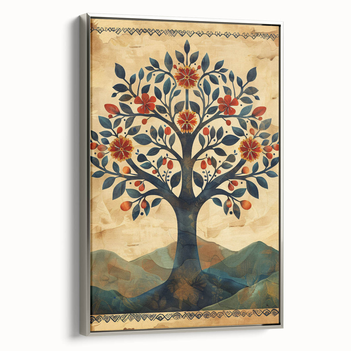 Framed abstract floral wall art featuring vibrant colors and intricate designs, set in a sleek silver frame, perfect for modern home decor.