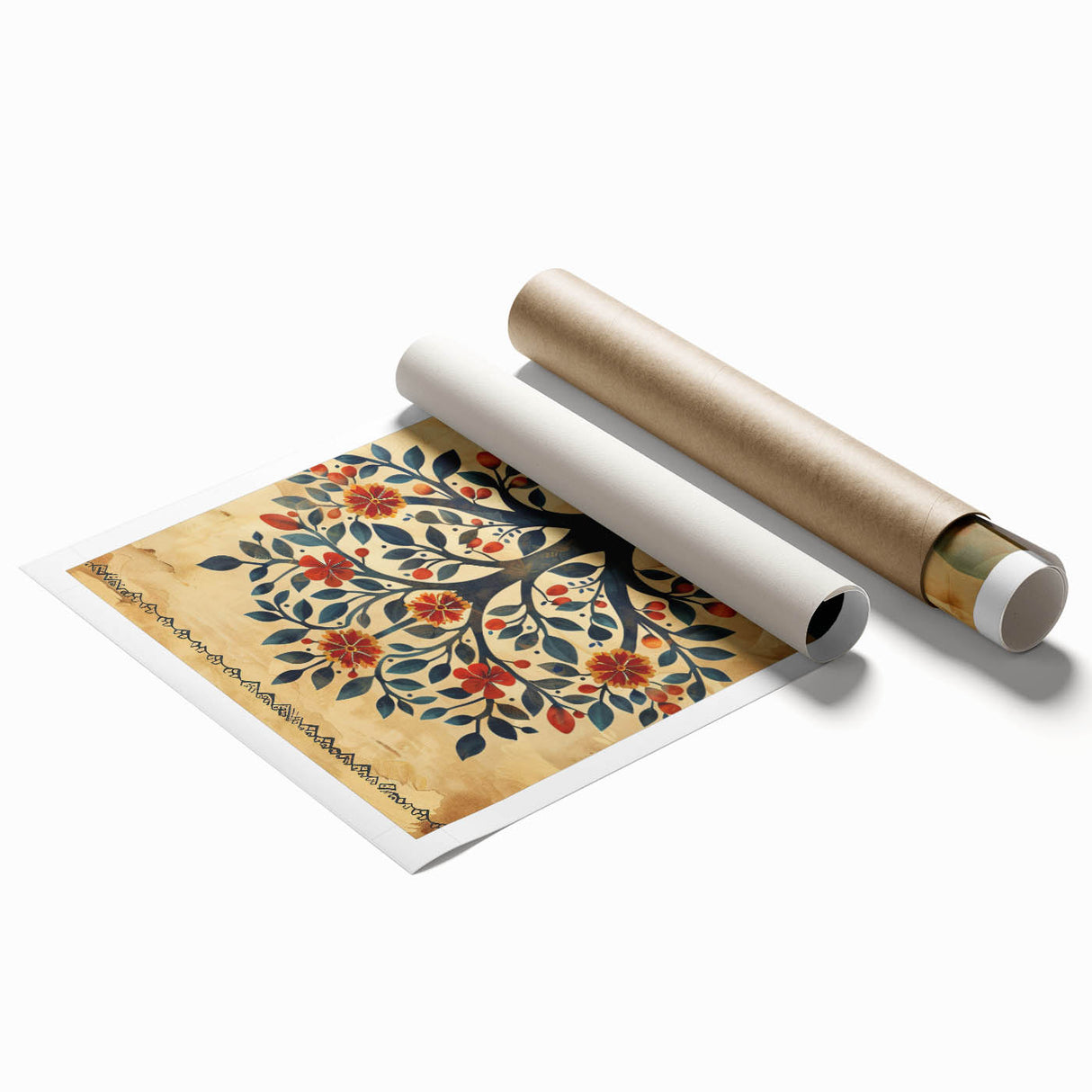 Abstract floral wall art print featuring vibrant colors and intricate designs, rolled up for easy transport and display, perfect for modern home decor.