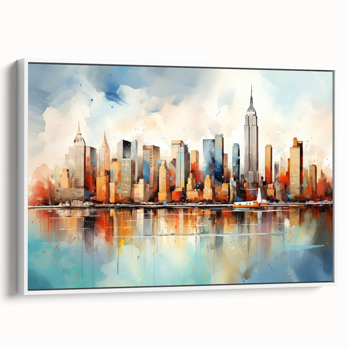 Framed abstract landscape wall art in a white frame, showcasing vibrant colors and dynamic patterns, perfect for modern home decor.