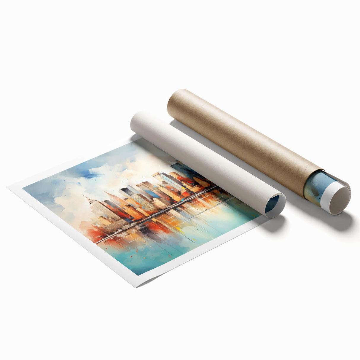Abstract landscape wall art print showcasing vibrant colors and fluid shapes, rolled and ready for display. Ideal for modern home decor, adding a touch of artistic flair.