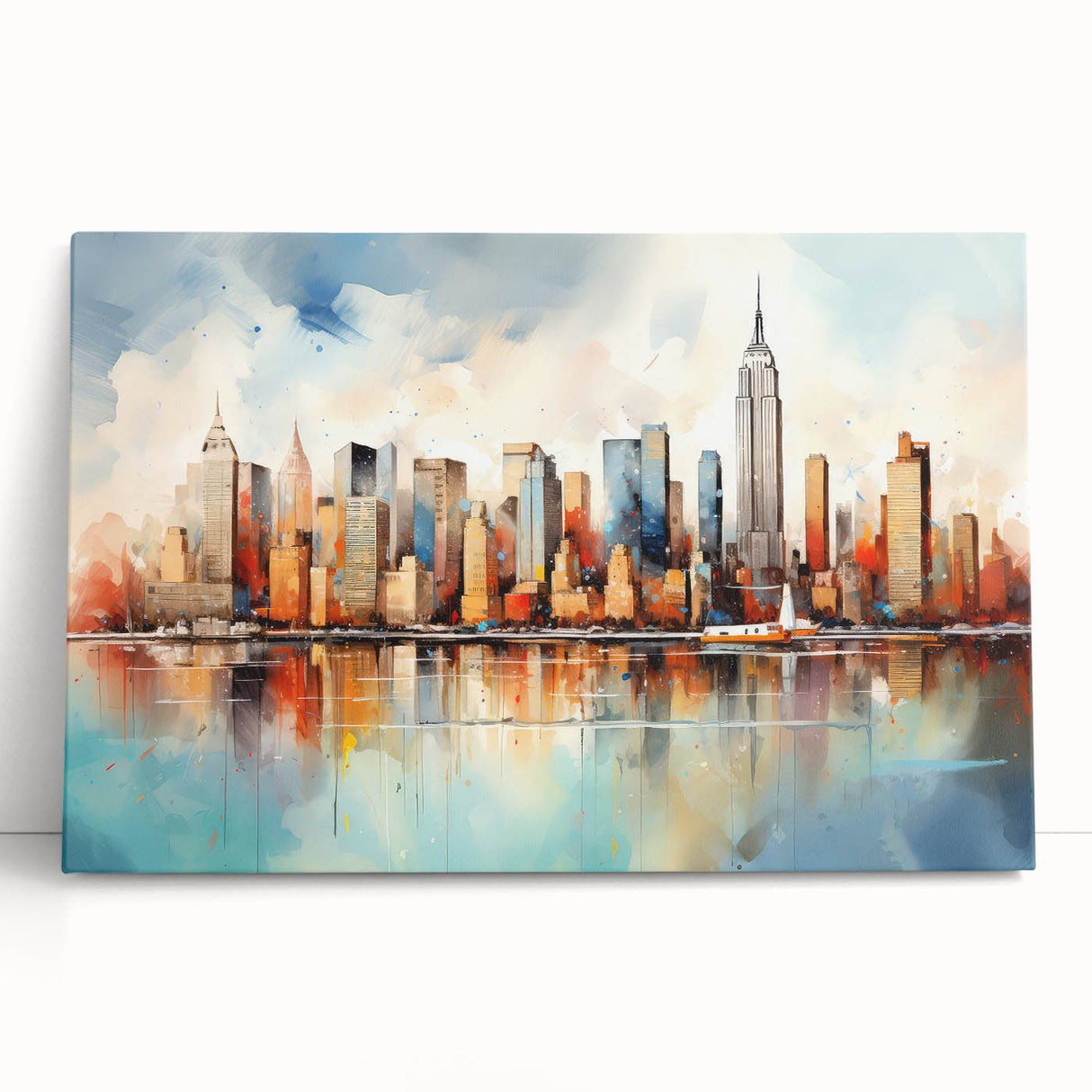 Abstract landscape wall art on stretched canvas, showcasing vibrant hues of blue, green, and gold, leaning against a minimalist white wall, perfect for modern decor.