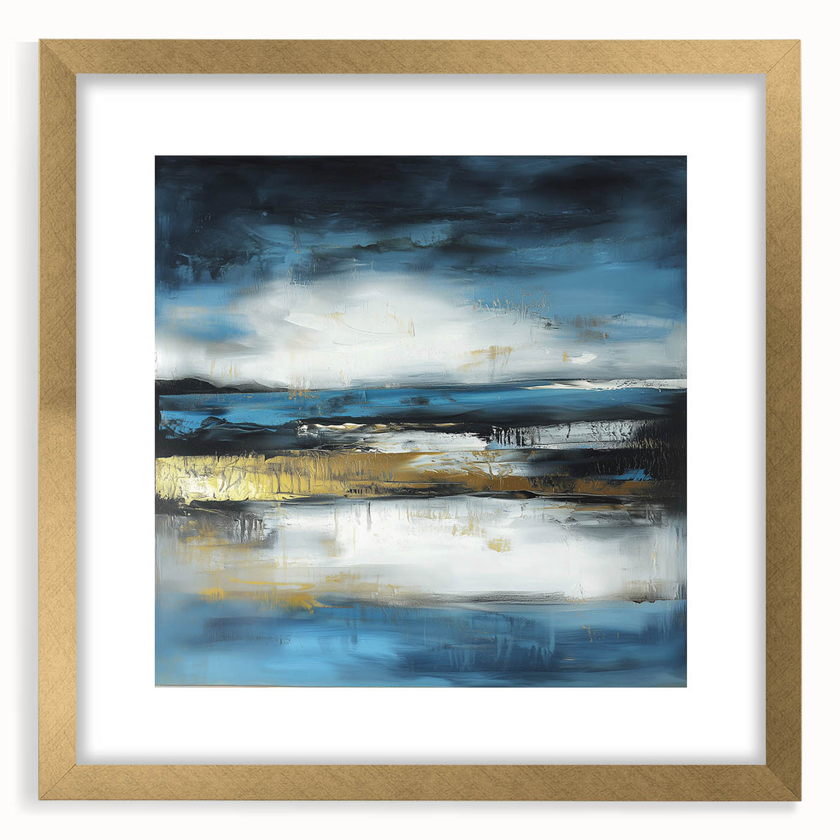 Abstract Fluid Canvas Art – Sky Blue, Gold, and Navy Expression
