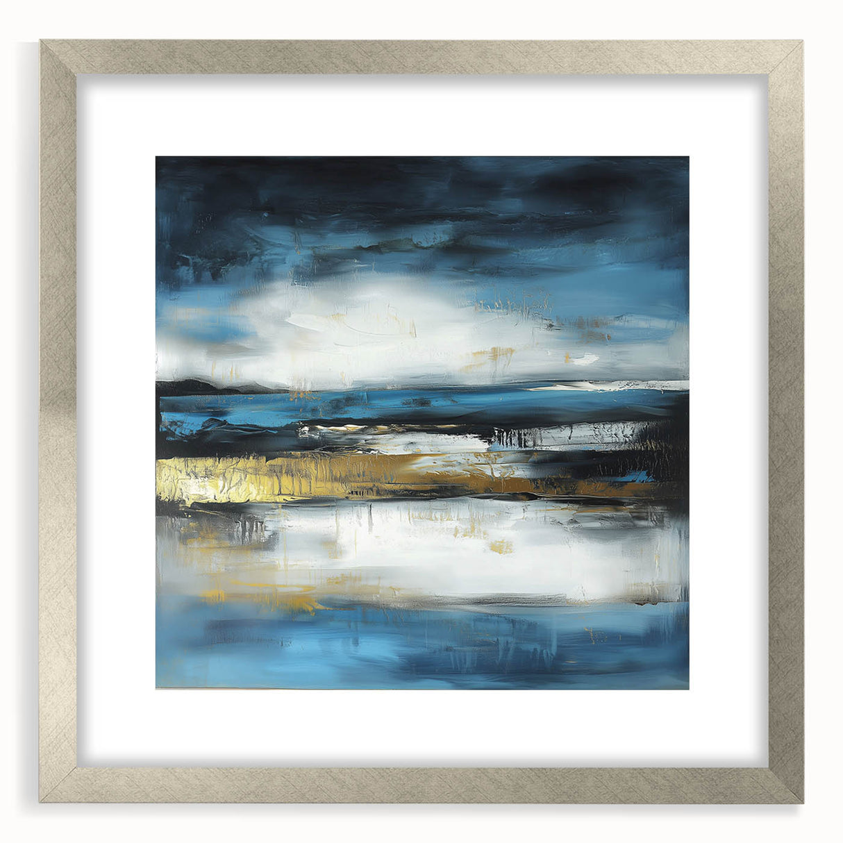 Abstract Fluid Canvas Art – Sky Blue, Gold, and Navy Expression