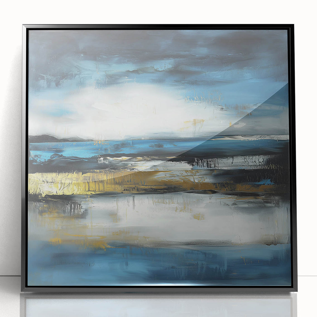 Abstract Fluid Canvas Art – Sky Blue, Gold, and Navy Expression
