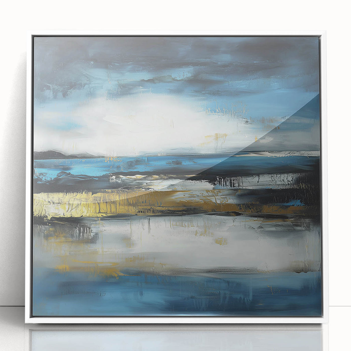 Abstract Fluid Canvas Art – Sky Blue, Gold, and Navy Expression