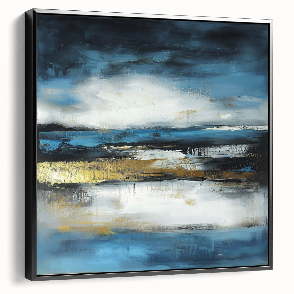 Abstract Fluid Canvas Art – Sky Blue, Gold, and Navy Expression