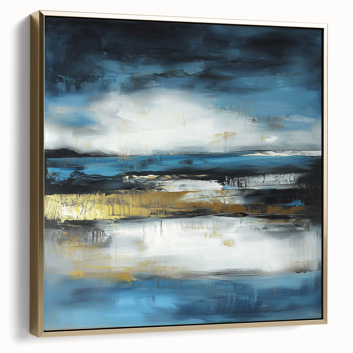 Abstract Fluid Canvas Art – Sky Blue, Gold, and Navy Expression