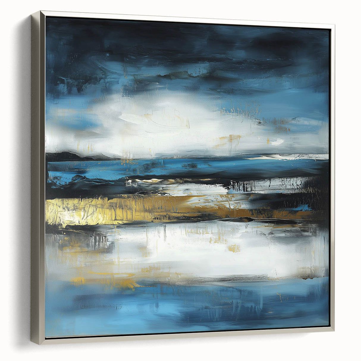 Abstract Fluid Canvas Art – Sky Blue, Gold, and Navy Expression