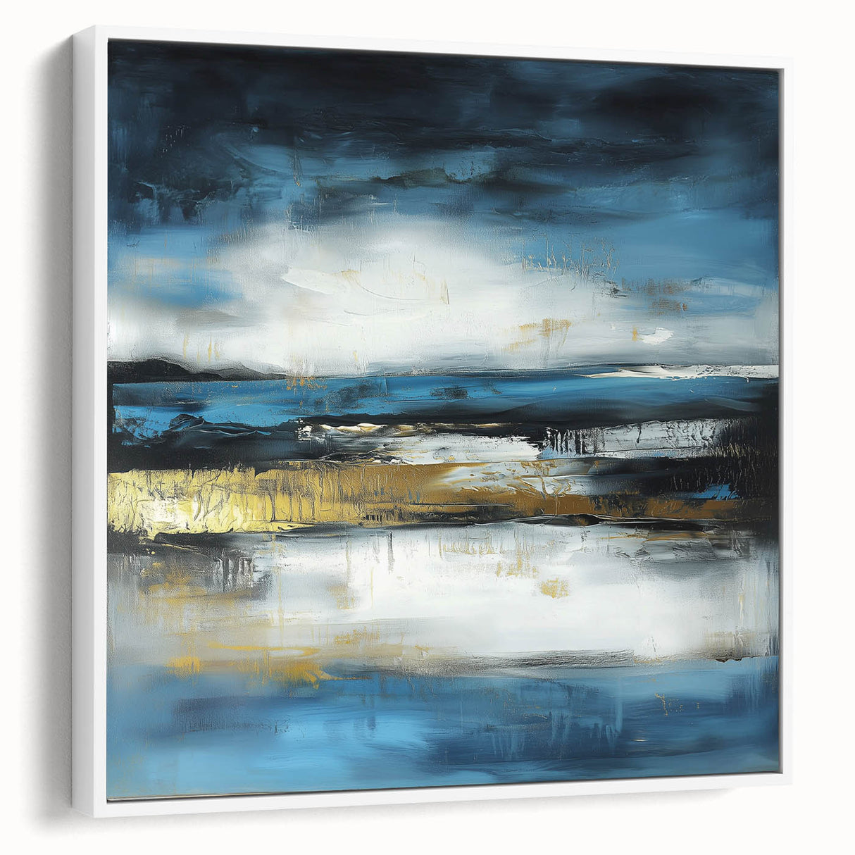 Abstract Fluid Canvas Art – Sky Blue, Gold, and Navy Expression