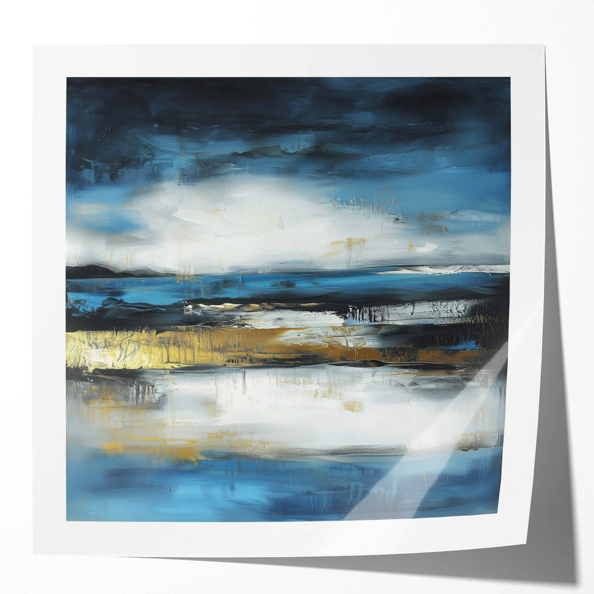 Abstract Fluid Canvas Art – Sky Blue, Gold, and Navy Expression