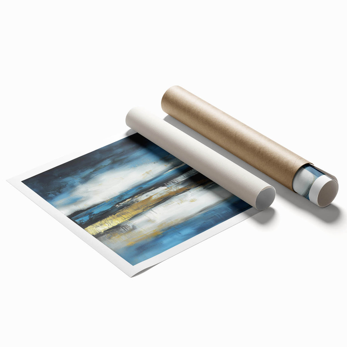 Abstract Fluid Canvas Art – Sky Blue, Gold, and Navy Expression
