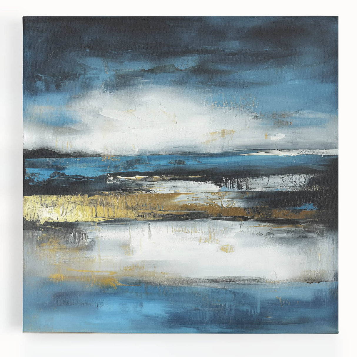 Abstract Fluid Canvas Art – Sky Blue, Gold, and Navy Expression