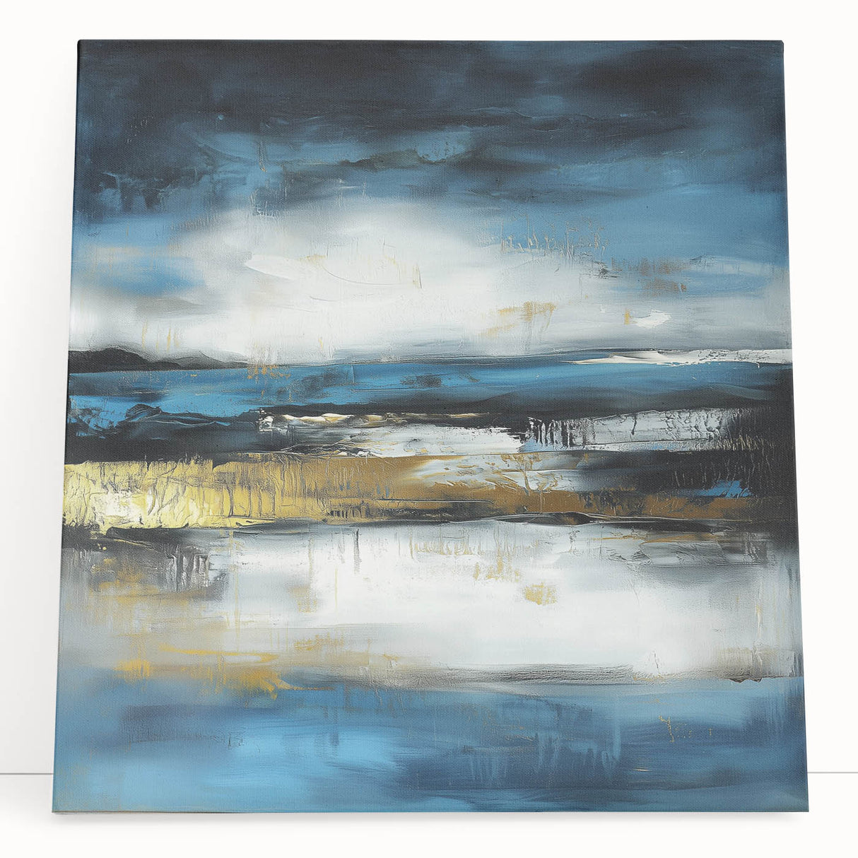 Abstract Fluid Canvas Art – Sky Blue, Gold, and Navy Expression