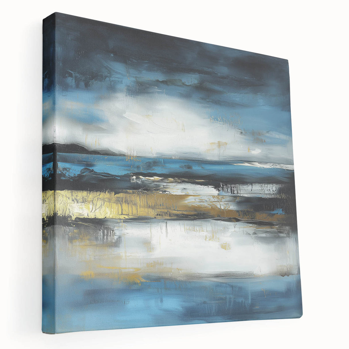 Abstract Fluid Canvas Art – Sky Blue, Gold, and Navy Expression