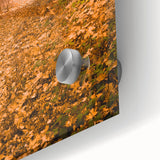 Large abstract wall art depicting autumnal hues on acrylic glass, ideal for dining room art in a mid-century modernist style.