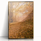 Large art print of a mid-century modernist fall scene in acrylic, with gold frame.