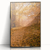 Mid-century modernist art depicting autumn trees in muted orange and brown tones on a silver-framed acrylic print.