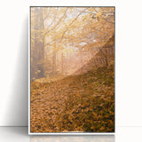 Art deco poster featuring autumnal trees in pastel orange and red on a framed acrylic, ideal for nursery wall art.