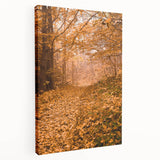 Autumn-themed stretched canvas depicting a serene forest in orange and red hues, ideal for kitchen wall art.
