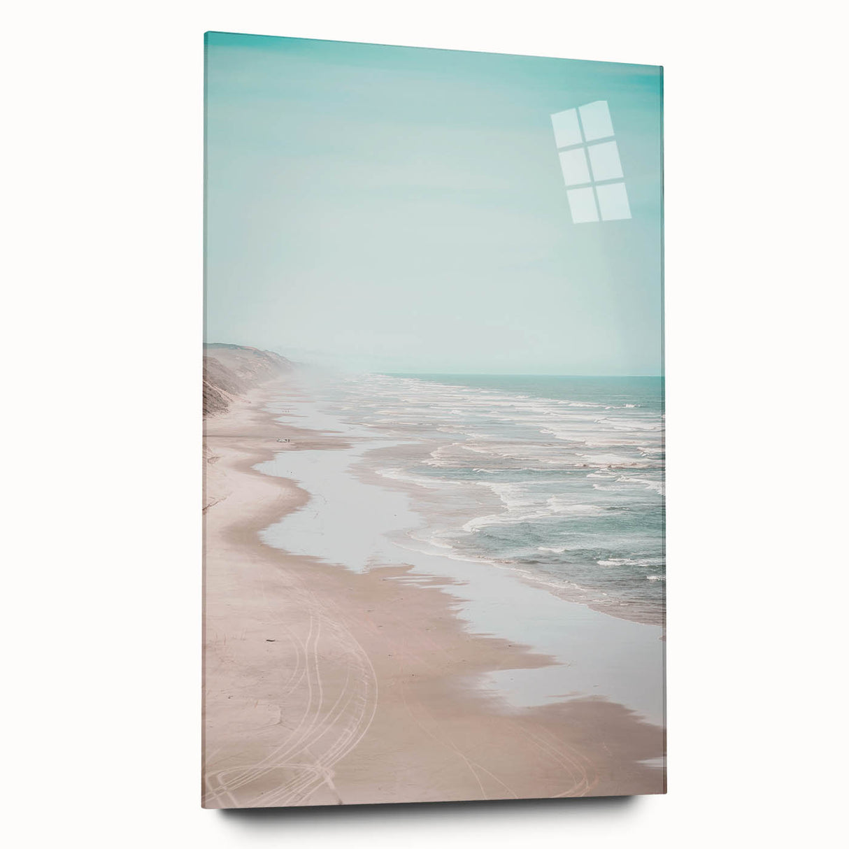 Large abstract wall art on acrylic glass featuring swirls of blue and green, ideal for bedroom or dining room decor.