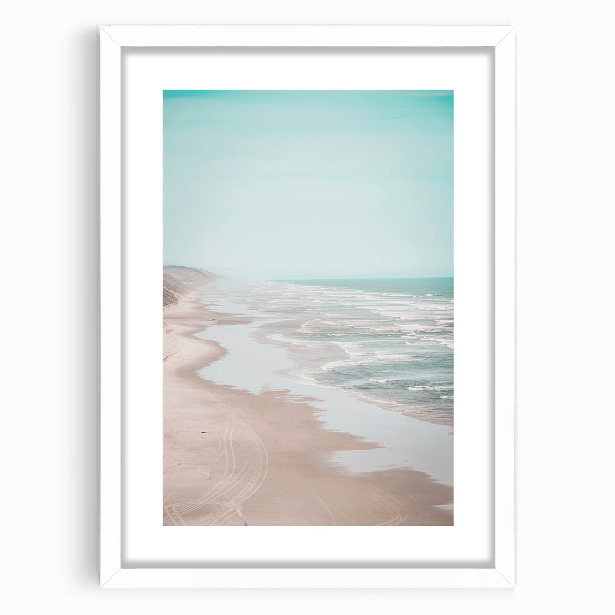 Abstract art print featuring swirling blue and green patterns on a white framed canvas, ideal for dining room decor.