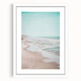 Abstract art print featuring swirling blue and green patterns on a white framed canvas, ideal for dining room decor.