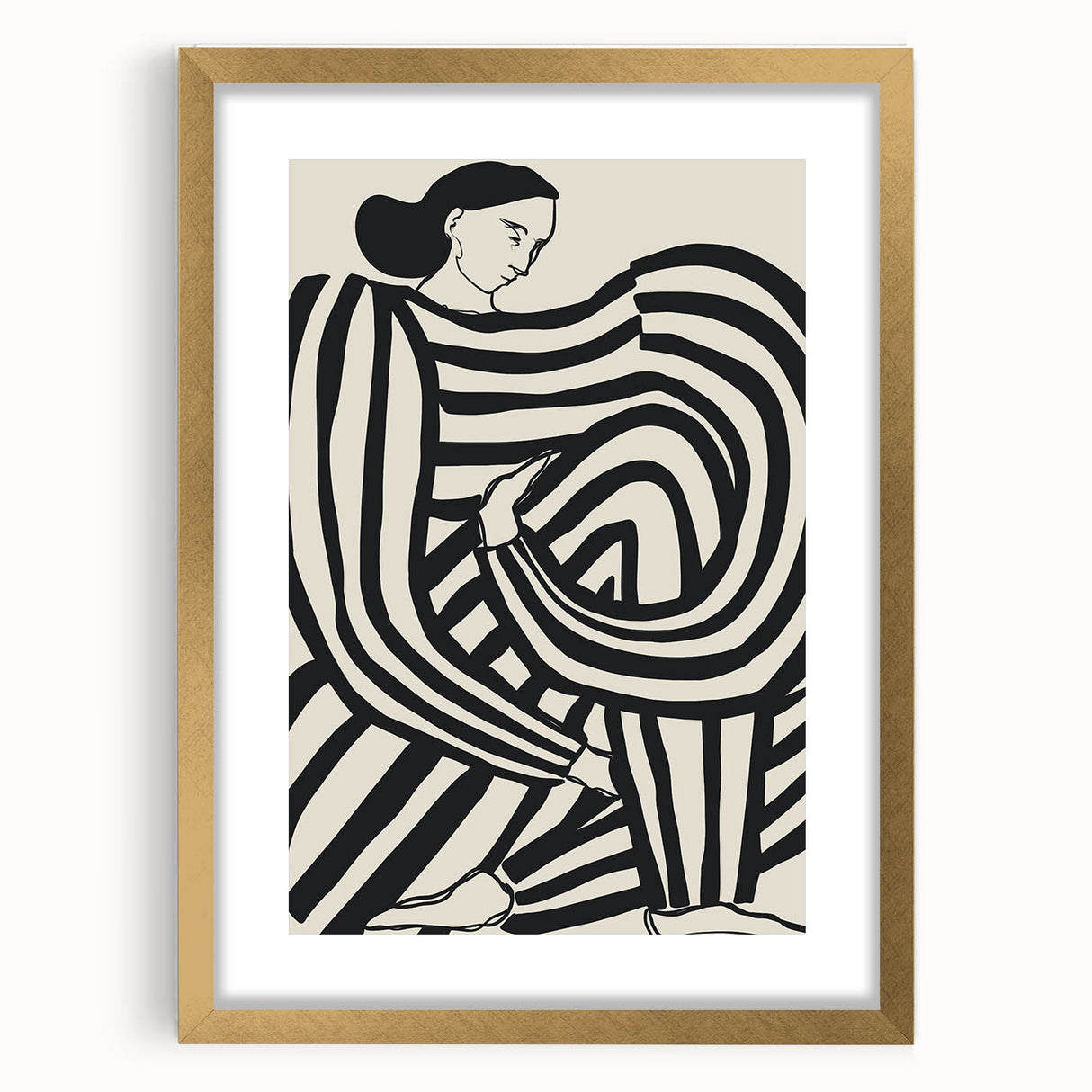 Abstract figurative artwork framed in elegant gold, showcasing intricate designs and textures, ideal for modern home decor, with a stylish mat enhancing its visual appeal.