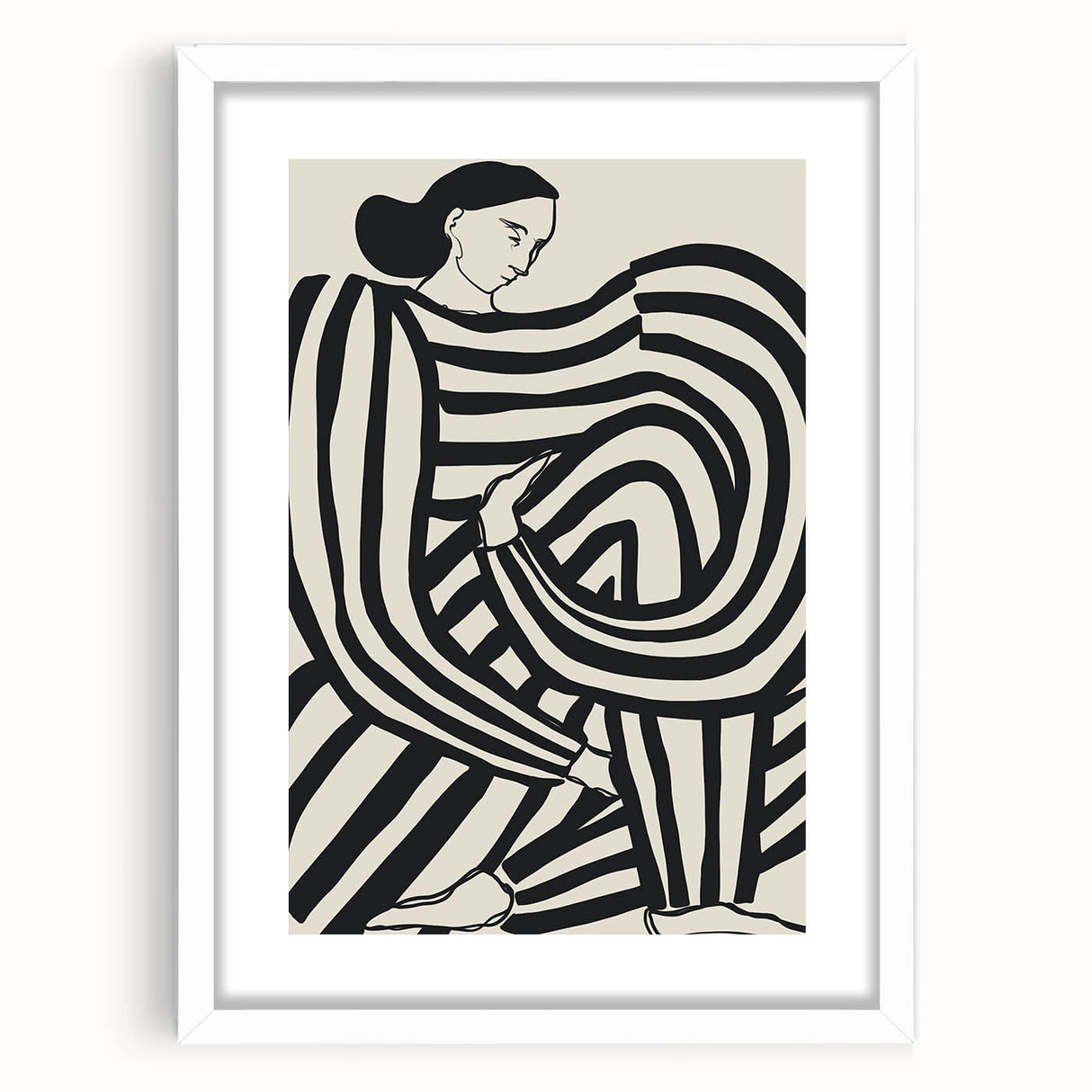 Abstract figurative frame with a white mat, showcasing a modern art piece. The front view highlights its clean lines and minimalist design, perfect for contemporary decor.