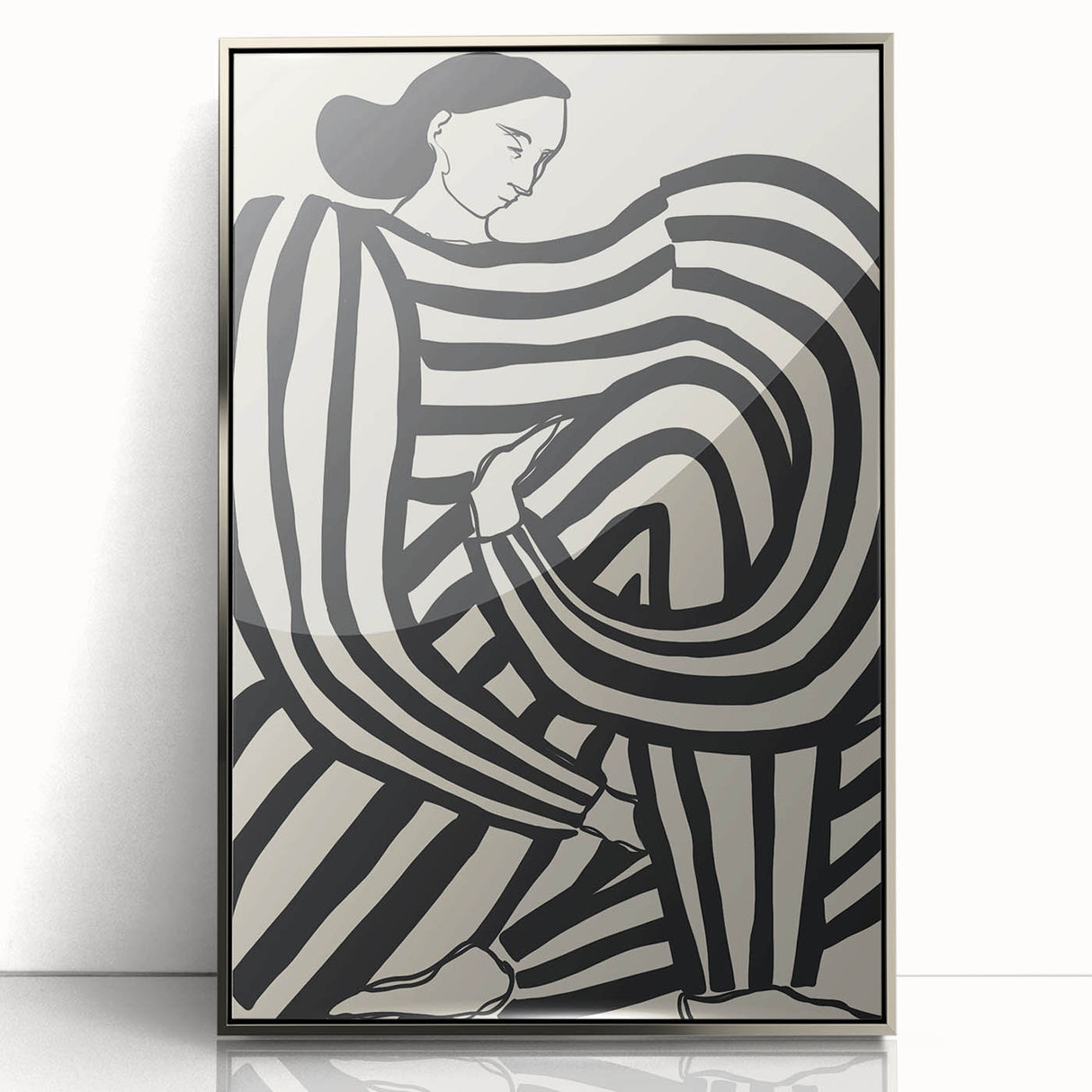 Framed abstract figurative acrylic artwork with a silver frame, showcasing vibrant colors and dynamic shapes, ideal for modern home decor.