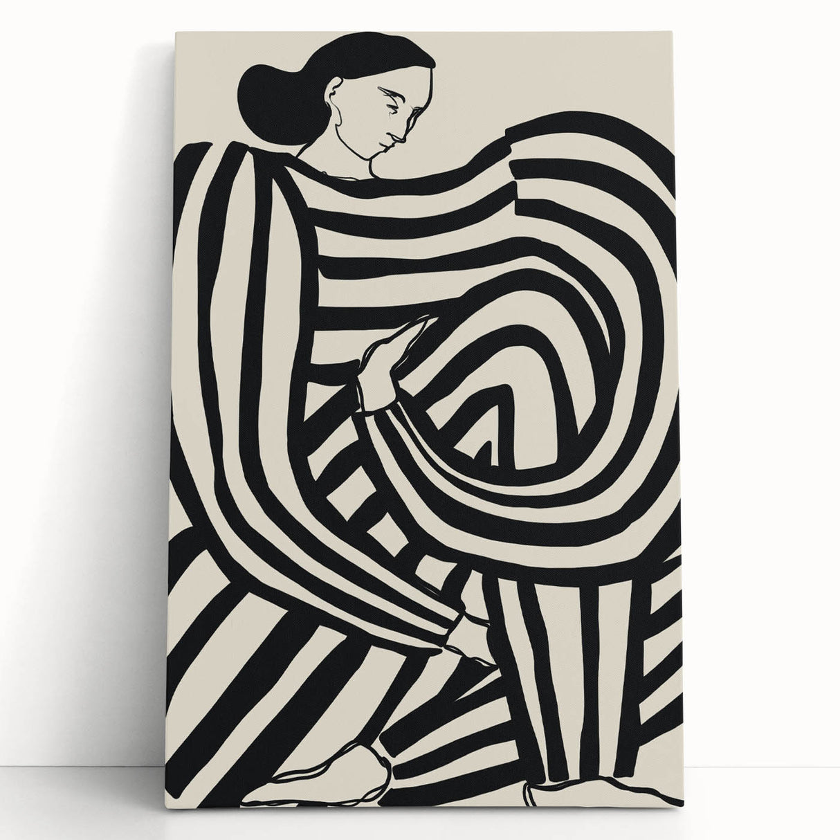 Abstract figurative stretched canvas artwork featuring vibrant colors and dynamic shapes, leaning against a neutral wall, perfect for modern home decor.