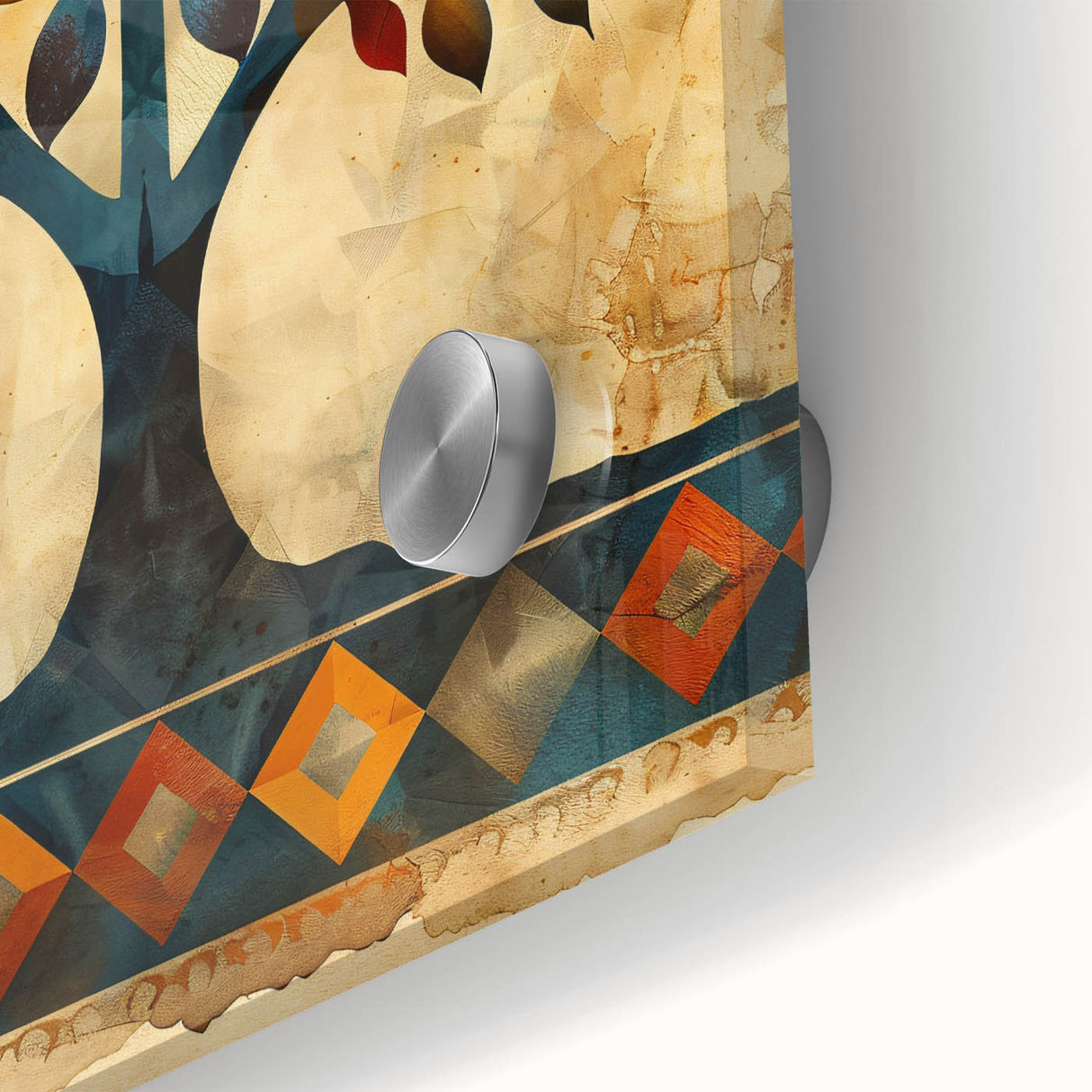 Close-up of vibrant abstract floral wall art printed on acrylic glass, showcasing vivid colors and intricate details, perfect for modern home decor.