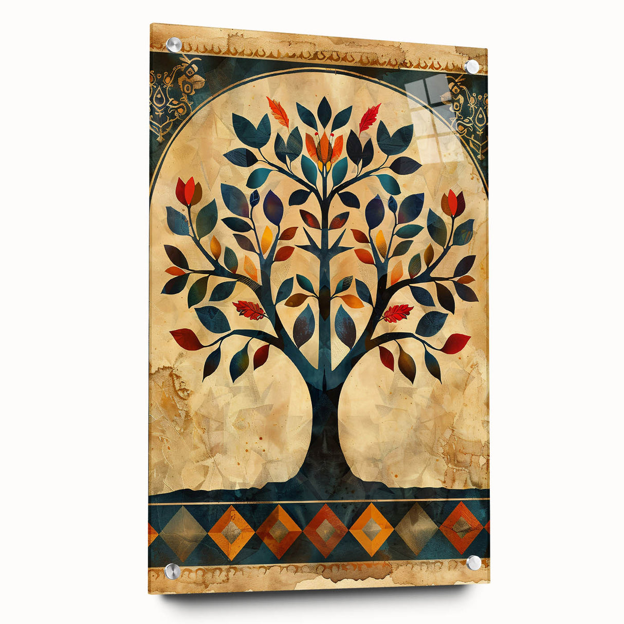 Abstract floral wall art displayed in a side view, showcasing vibrant colors and intricate designs on acrylic glass, elegantly pinned to a wall for a modern aesthetic.